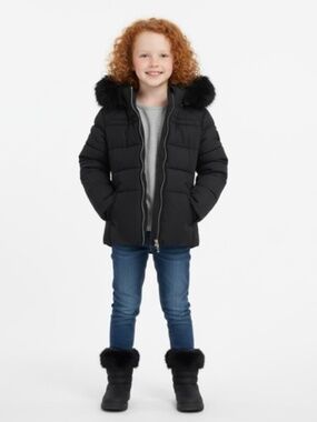 Girls ZeroXposur Black Puffer Coat with Faux Fur Hood, Black, Size L (10/12)